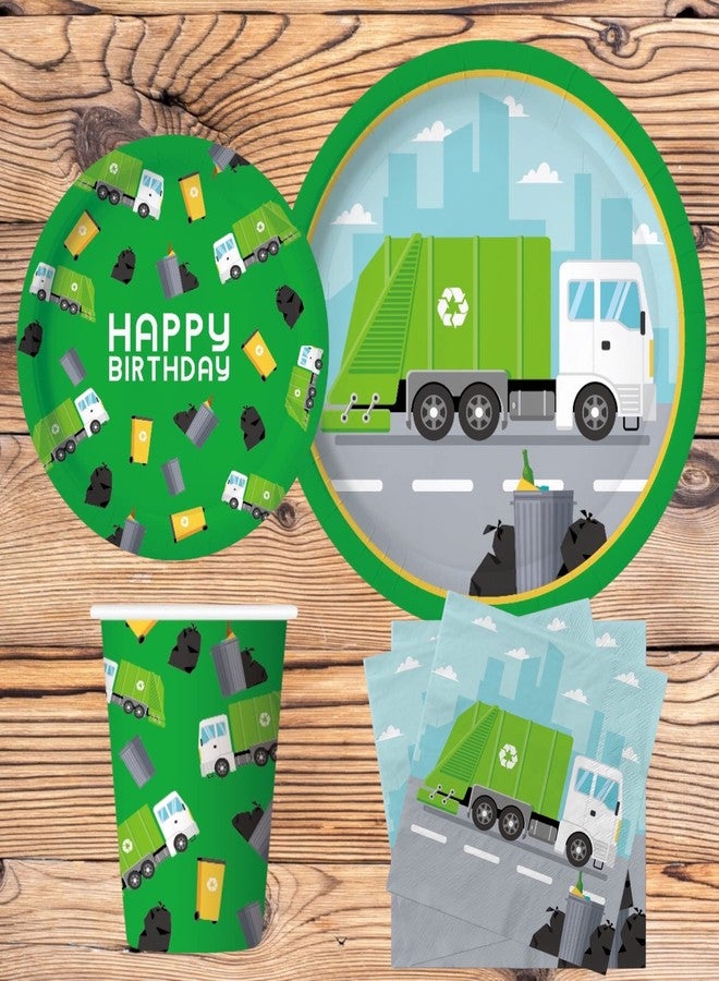 Oojami Garbage Truck Party Supplies - Serves 24, Complete Birthday Tableware Set with Plates, Cups, Napkins & Table Covers for Kids Garbage Truck Theme Party - Image 2